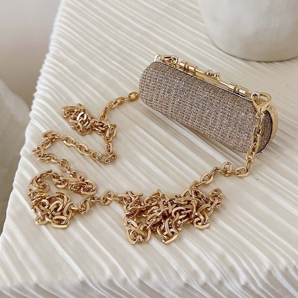 Mini Bag Evening Clutch - Zincirli Çanta Yapay Elmaslı Zincirli Ruj